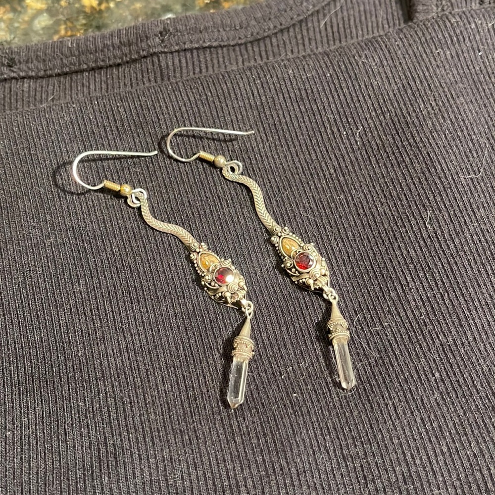 Sterling Silver, Gold, Garnet with a dangling Crystal, Snake Earrings.!